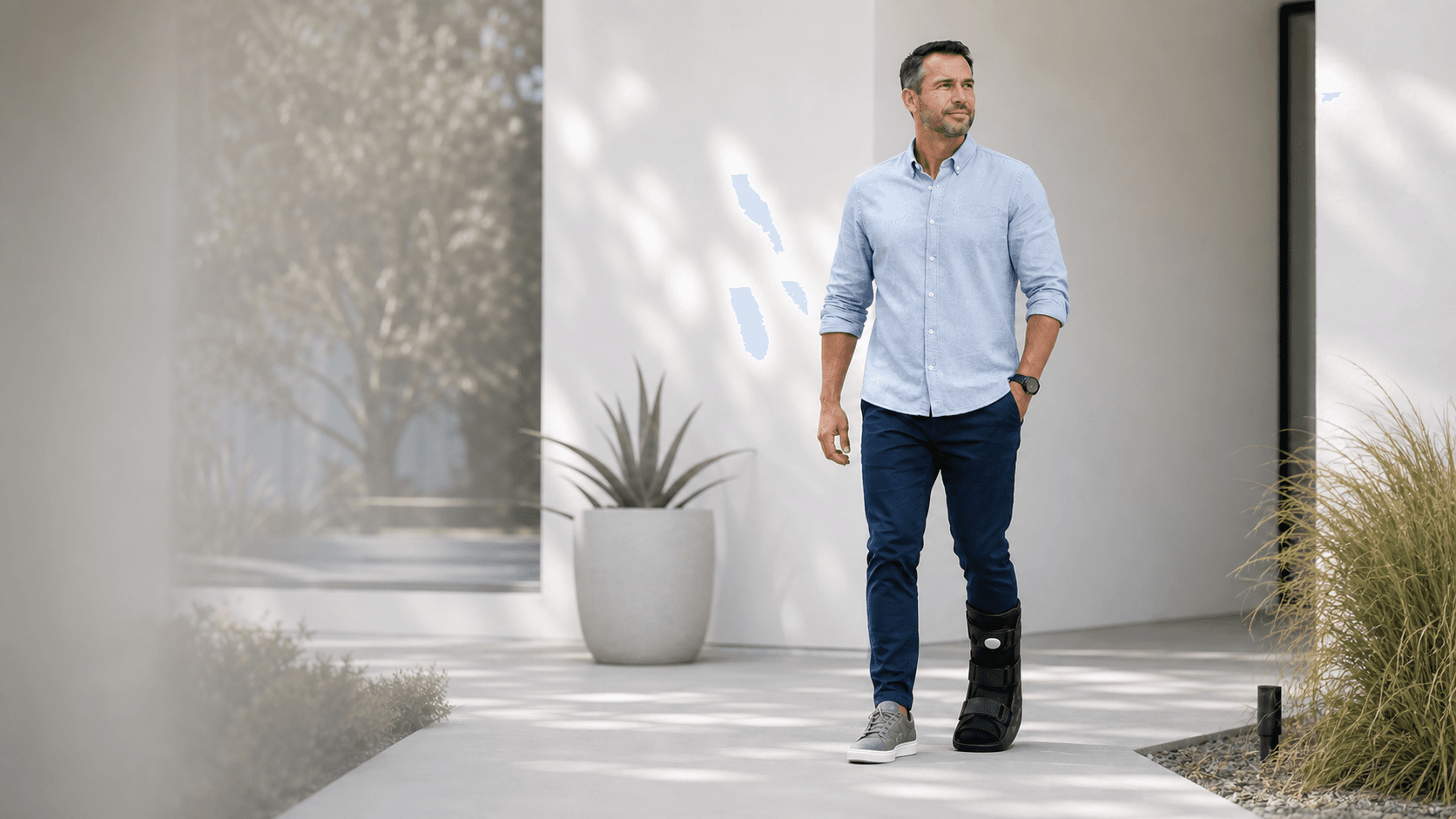 AULEXMED Walking Boot worn during a calm return to everyday movement
